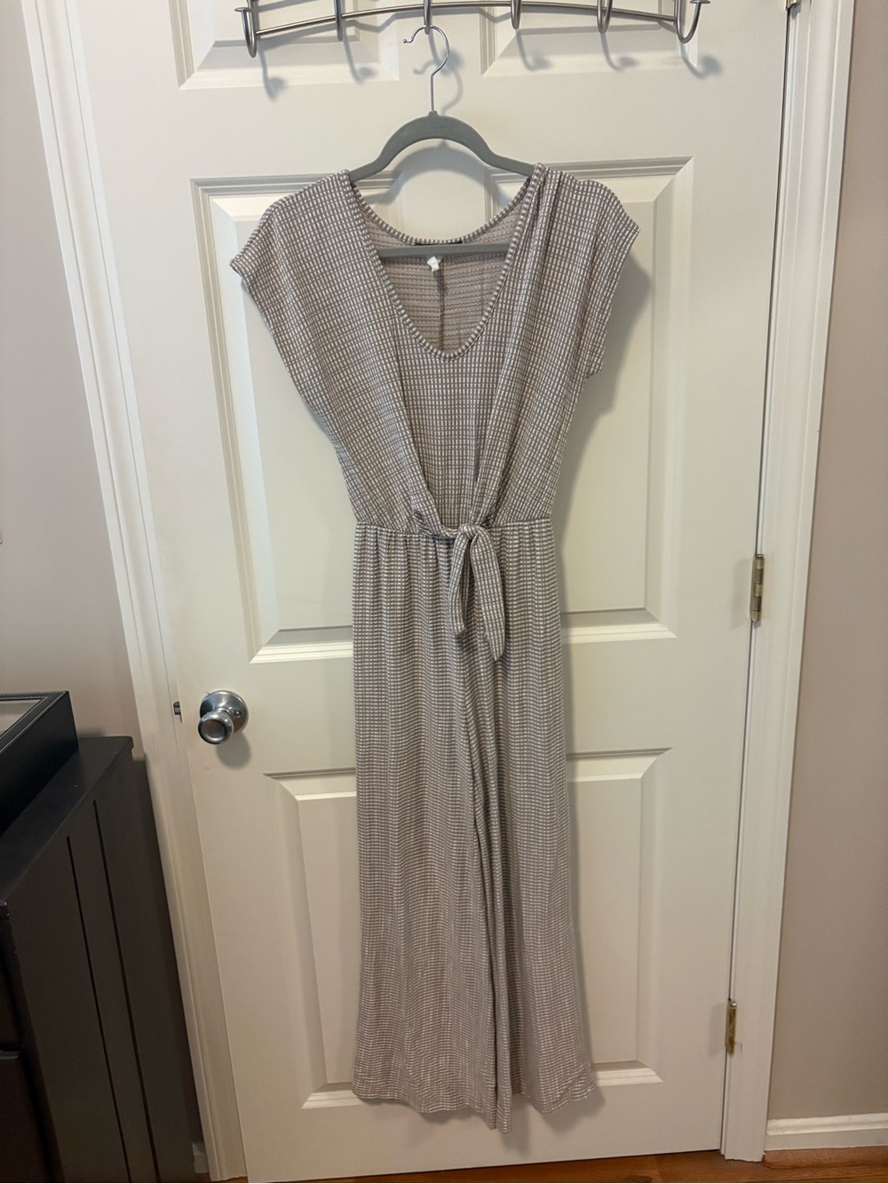 Caution To The Wind Taupe Textured Tie-Waist Jumpsuit